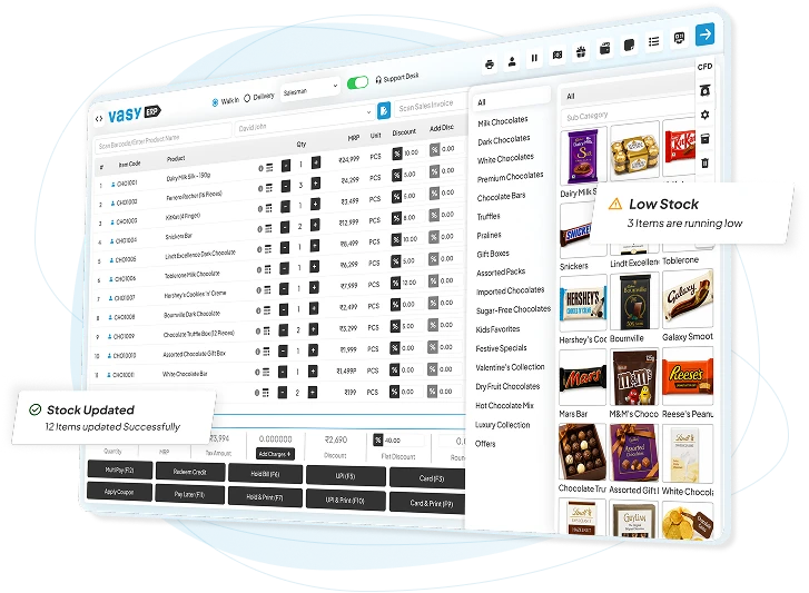 Vasy chocolate shop POS software enabling fast billing, inventory, and sales management