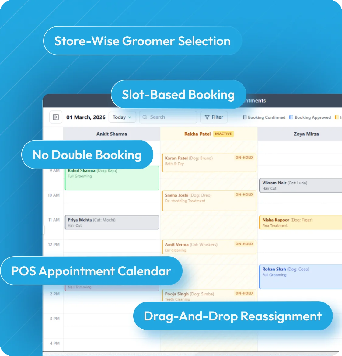 Groomer Scheduling and Appointment Calendar showing slot-based bookings and drag-and-drop reassignment