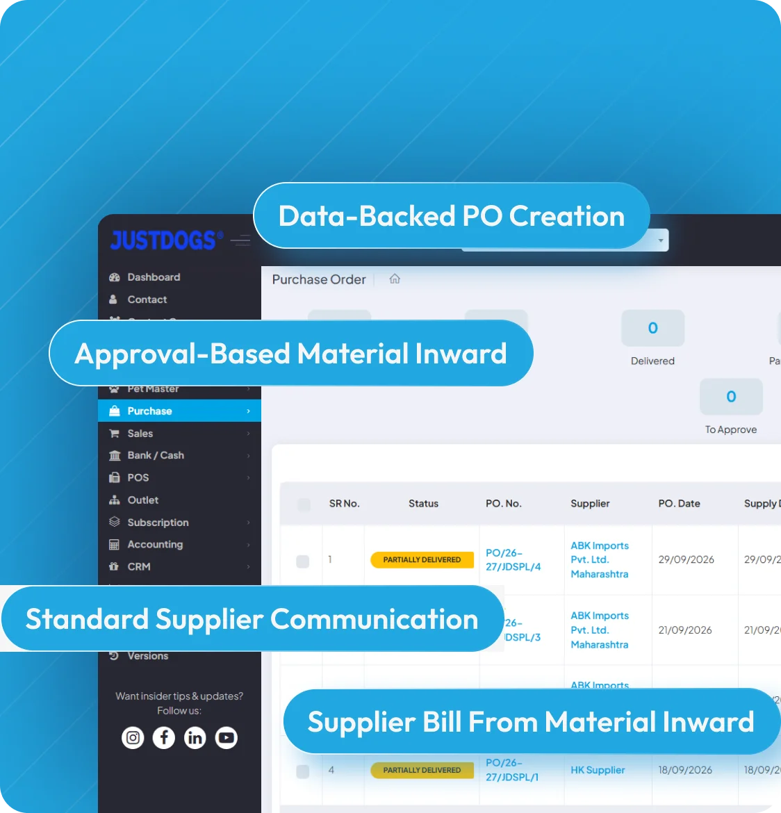 Purchase Order and Supplier Management view displaying stock metrics, supplier communication, and material inward approvals