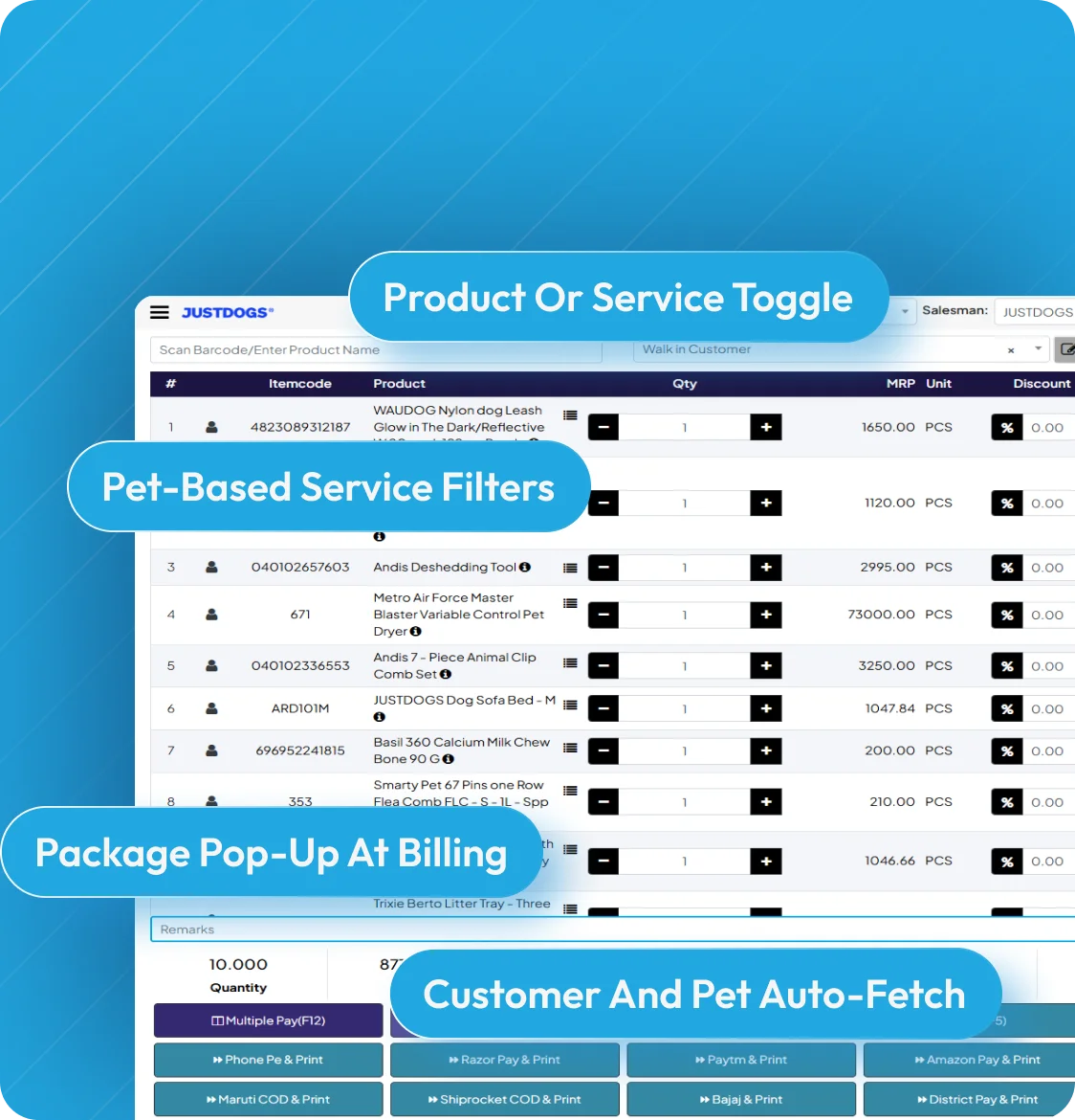 Spa Service Billing at POS interface illustrating customer auto-fetch, pet filters, and package billing pop-ups