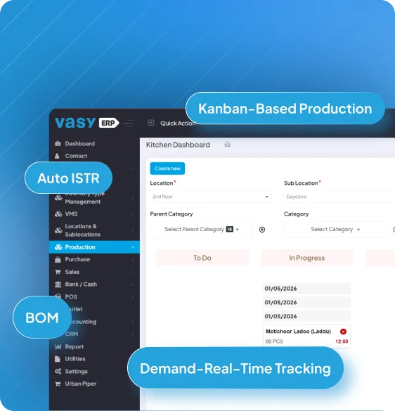 Real-time kitchen production workflow tracking and task management in Vasy software