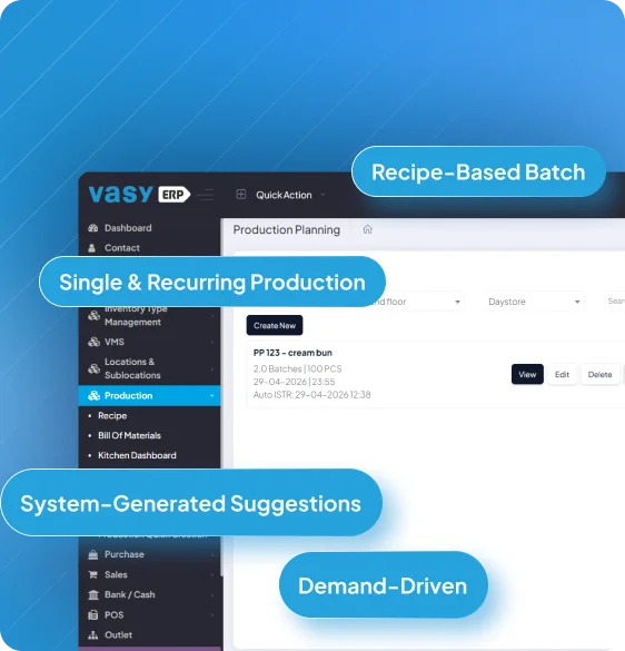 Food production planning dashboard with automated batch calculations and demand forecasting