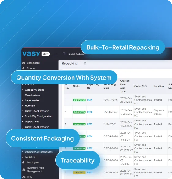 Food product repacking and quantity conversion workflow management in ERP software