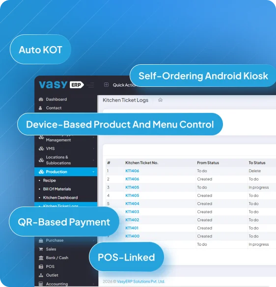 Android self-ordering kiosk integrated with POS billing and kitchen order management system