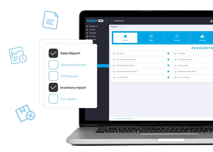 Get detailed sales, purchase, and inventory reports with Vasy billing software.