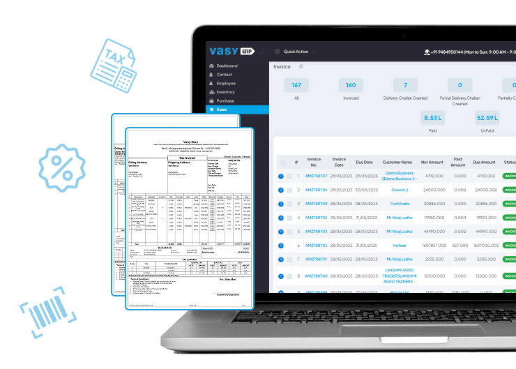 Vasy billing dashboard showing automated invoice management with tax-ready reports and accurate billing features on a laptop screen.