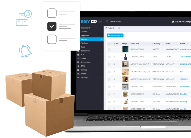 Vasy real-time inventory management dashboard displaying product list, item codes, and stock details