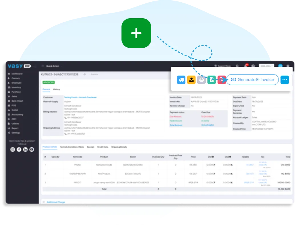 Vasy dashboard showing an invoice with a highlighted 'Generate E-Invoice' button, demonstrating quick and GST-compliant e-invoice generation directly from ERP data