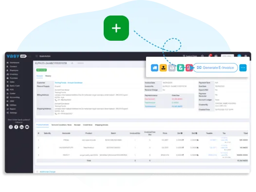 Vasy dashboard showing an invoice with a highlighted 'Generate E-Invoice' button, demonstrating quick and GST-compliant e-invoice generation directly from ERP data