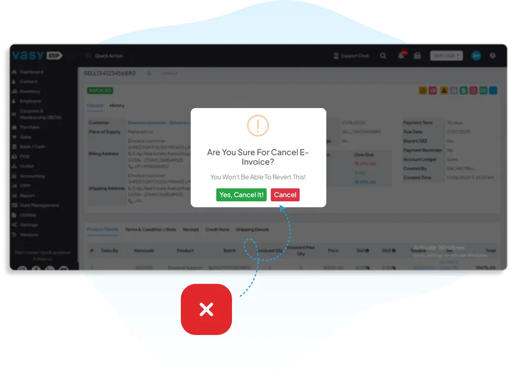Vasy 24-hour e-invoice cancellation with confirmation prompt, GST-compliant and audit-ready adjustments