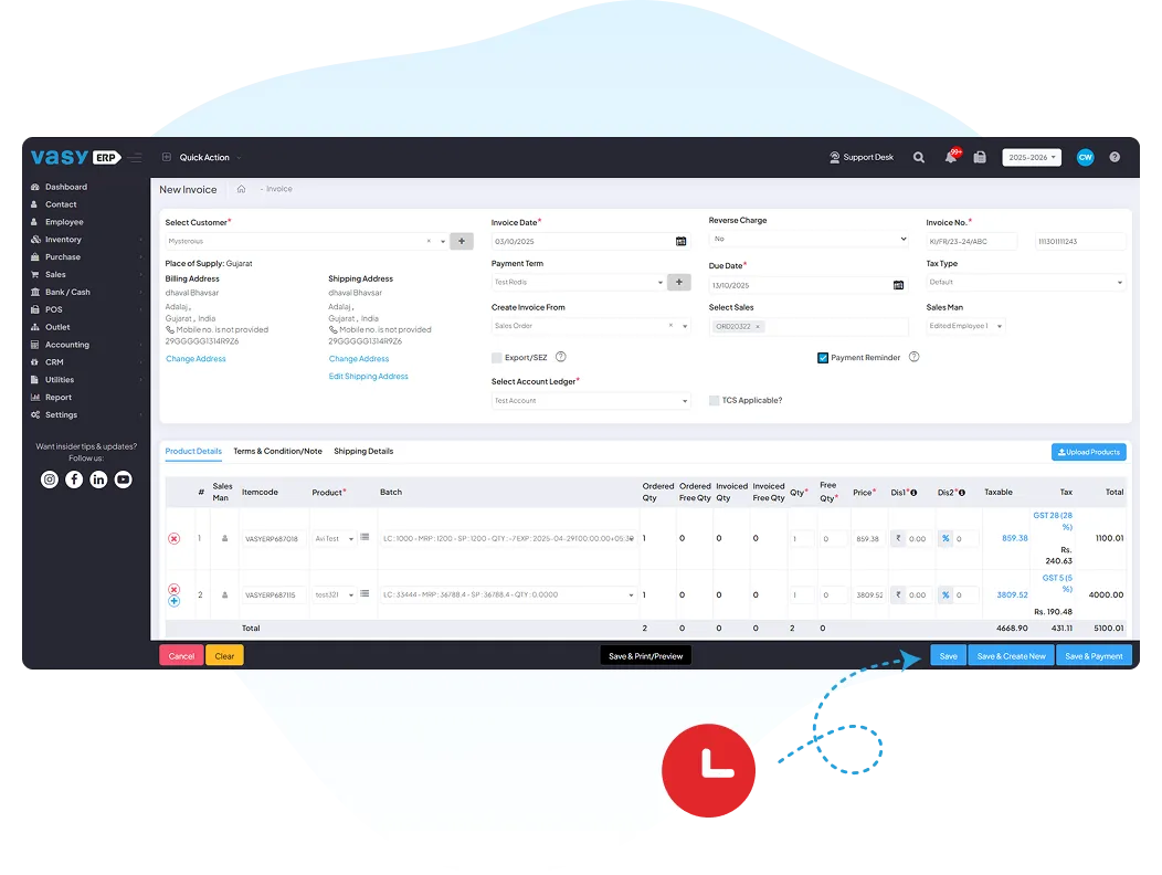 Vasy dashboard showing real-time e-invoice submission and tracking, with instant IRN & QR code generation, live status alerts, and easy retry for failed invoices