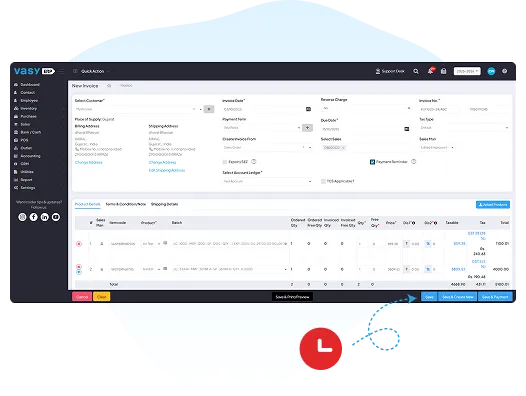 Vasy dashboard showing real-time e-invoice submission and tracking, with instant IRN & QR code generation, live status alerts, and easy retry for failed invoices