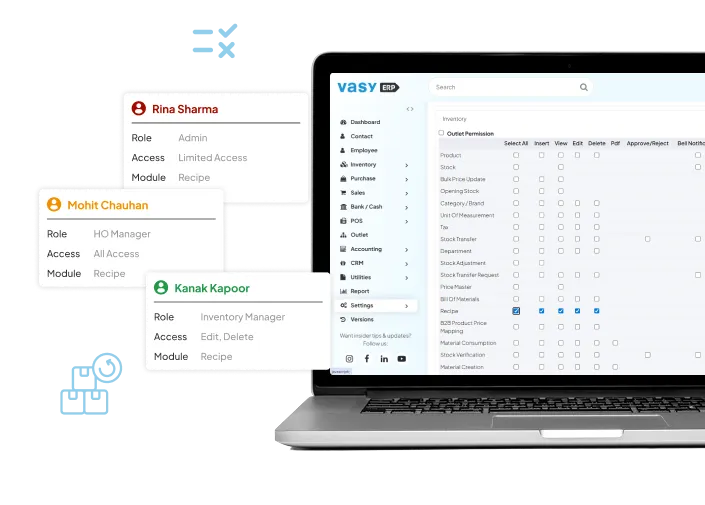 User role and access control panel to manage recipe editing permissions in Vasy