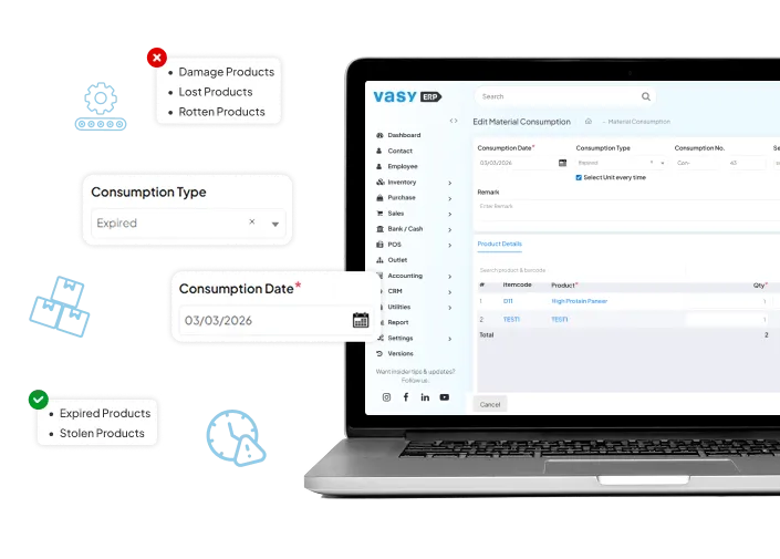 Wastage and variance control dashboard to minimize production losses in Vasy