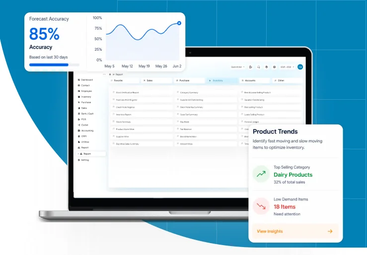 Report interface displaying demand forecasting and sales trend analytics for stock management
