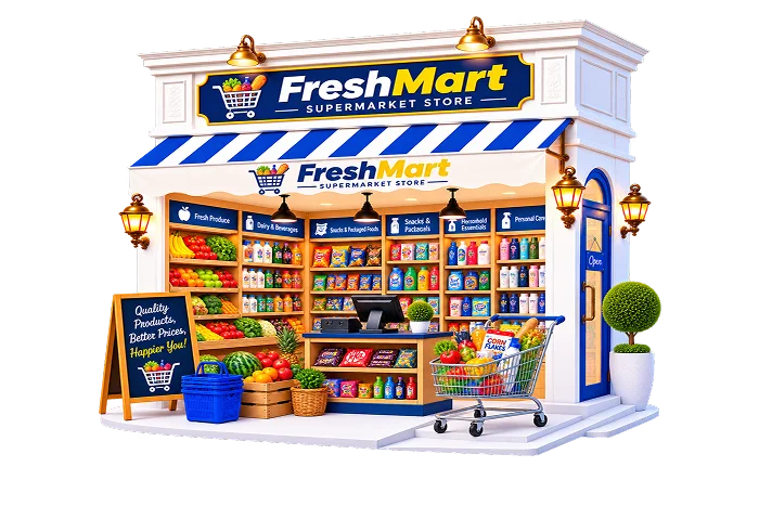 3D illustration of FreshMart Store supermarket storefront