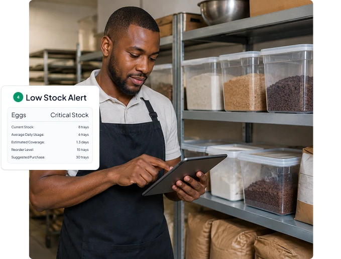 Bakery owner receiving low stock alert on vasy's bakery software
