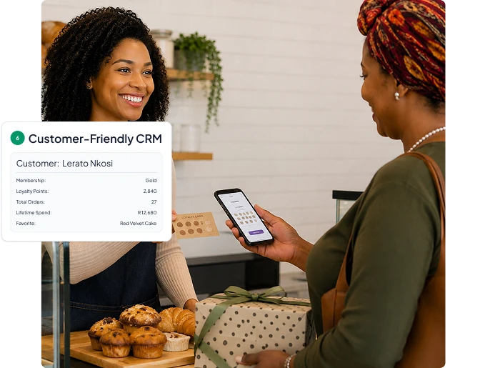 Bakery owner managing customers through vasy's integrated CRM software