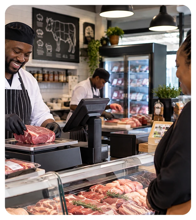 Salesperson billing meat through weigh-based POS of vasy