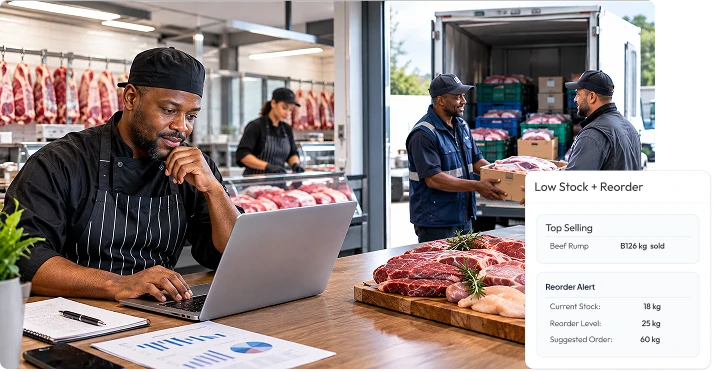 butchery staff managing inventory and supplier management through vasy software