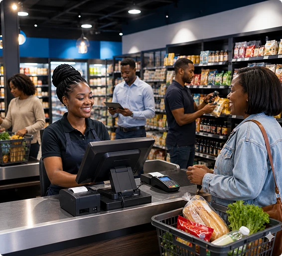 employee at till checking coupons for employee