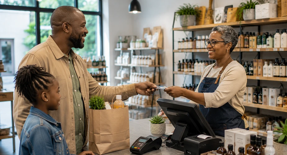person at the till giving coupons to customer