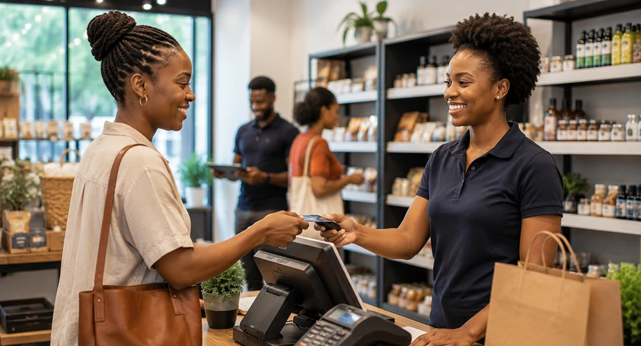 customer receiving loyalty card from person managing the till