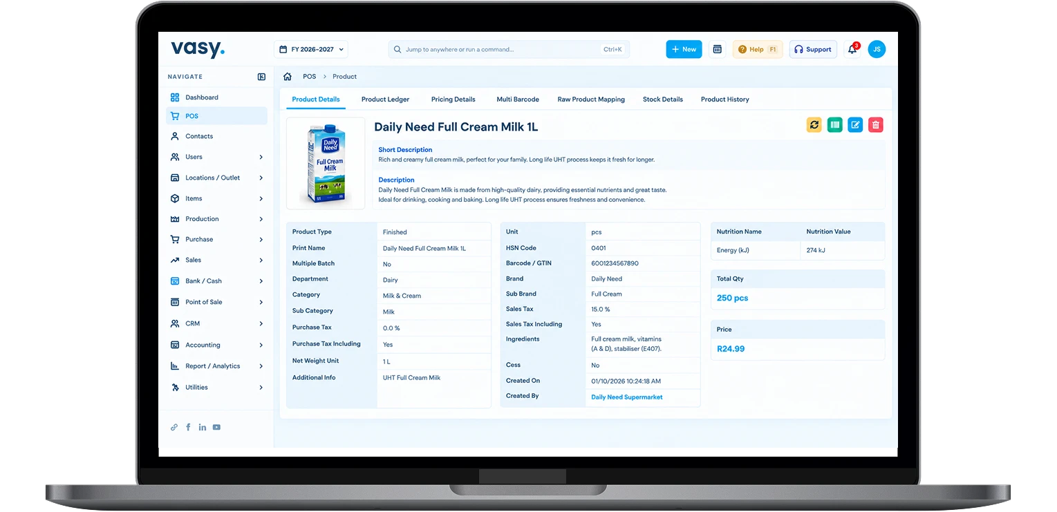 different variants of products managed through vasy software