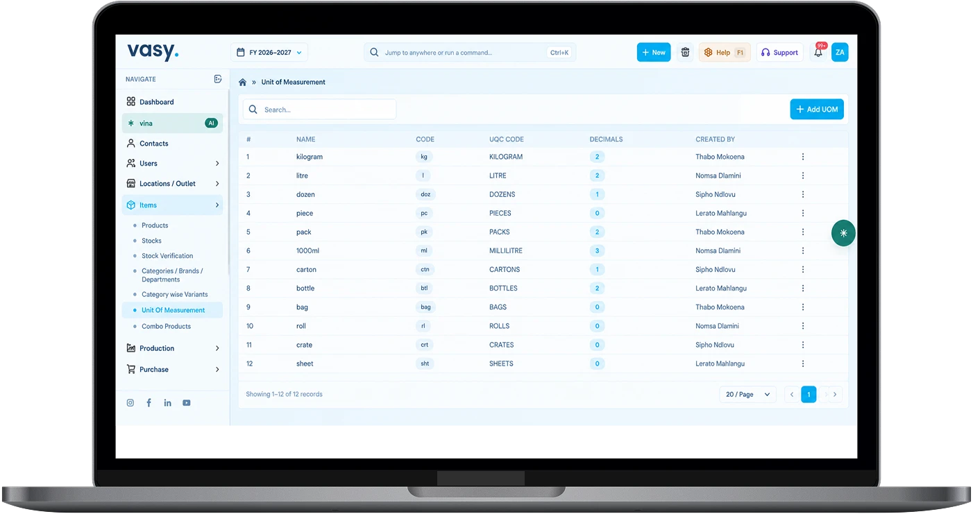 The units of measurement module in vasy  showing list of multiple units of inventory created by store owner