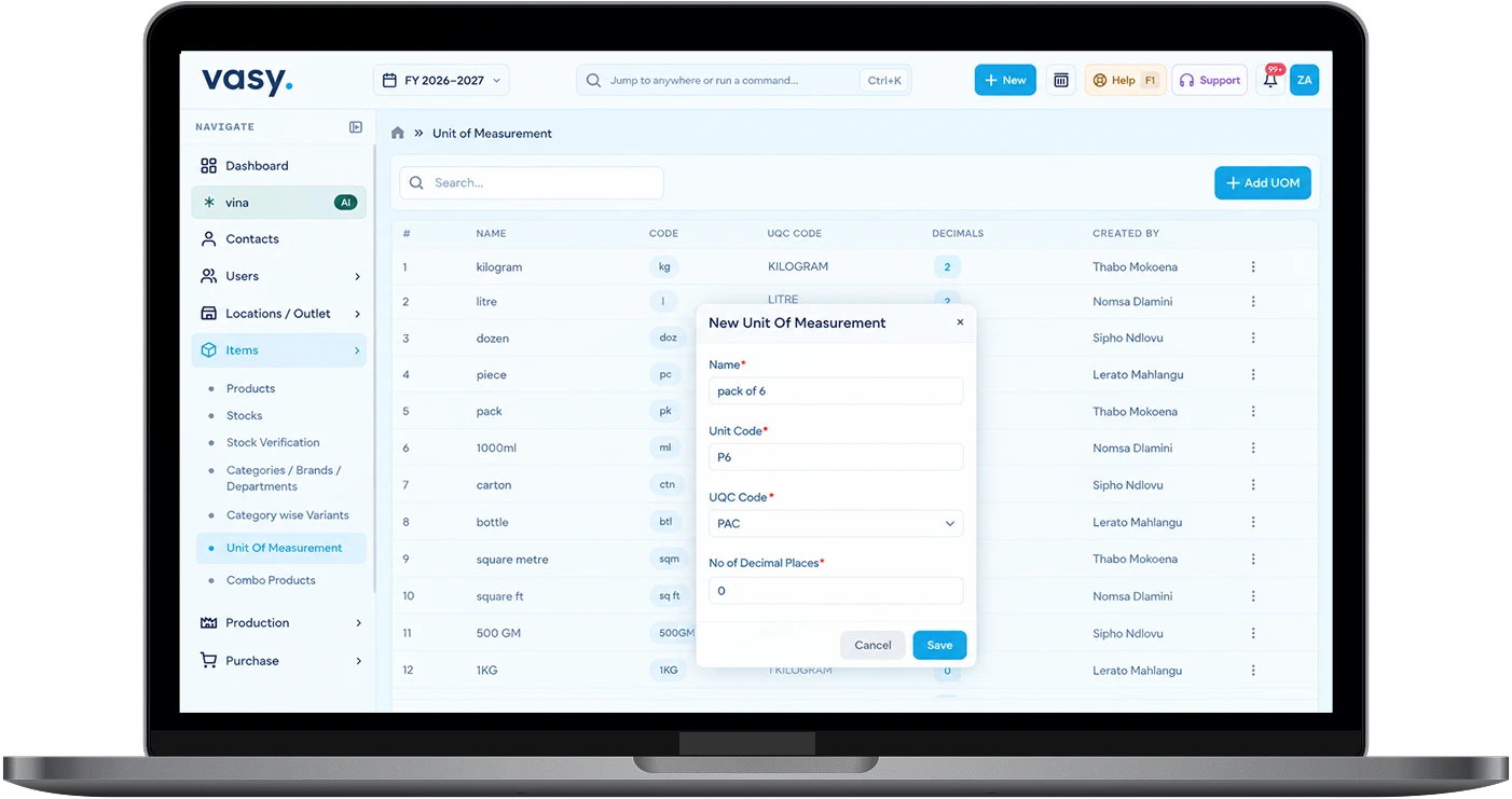 new customised multi-unit of measurement is being add for inventory management in vasy