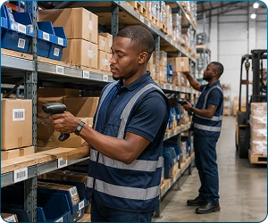 Store manager adding products in system inventory through WMS software