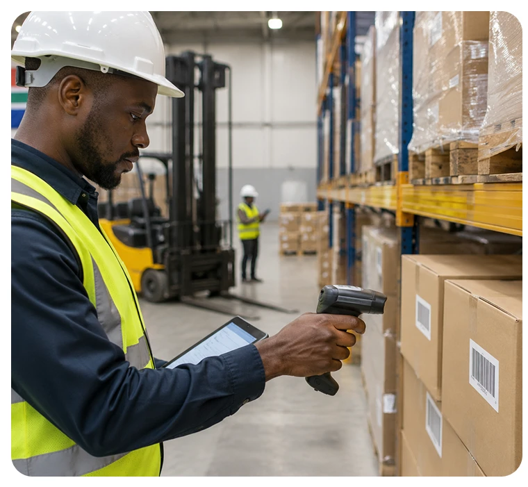 Storekeeper using warehouse management software for maintaining inventory