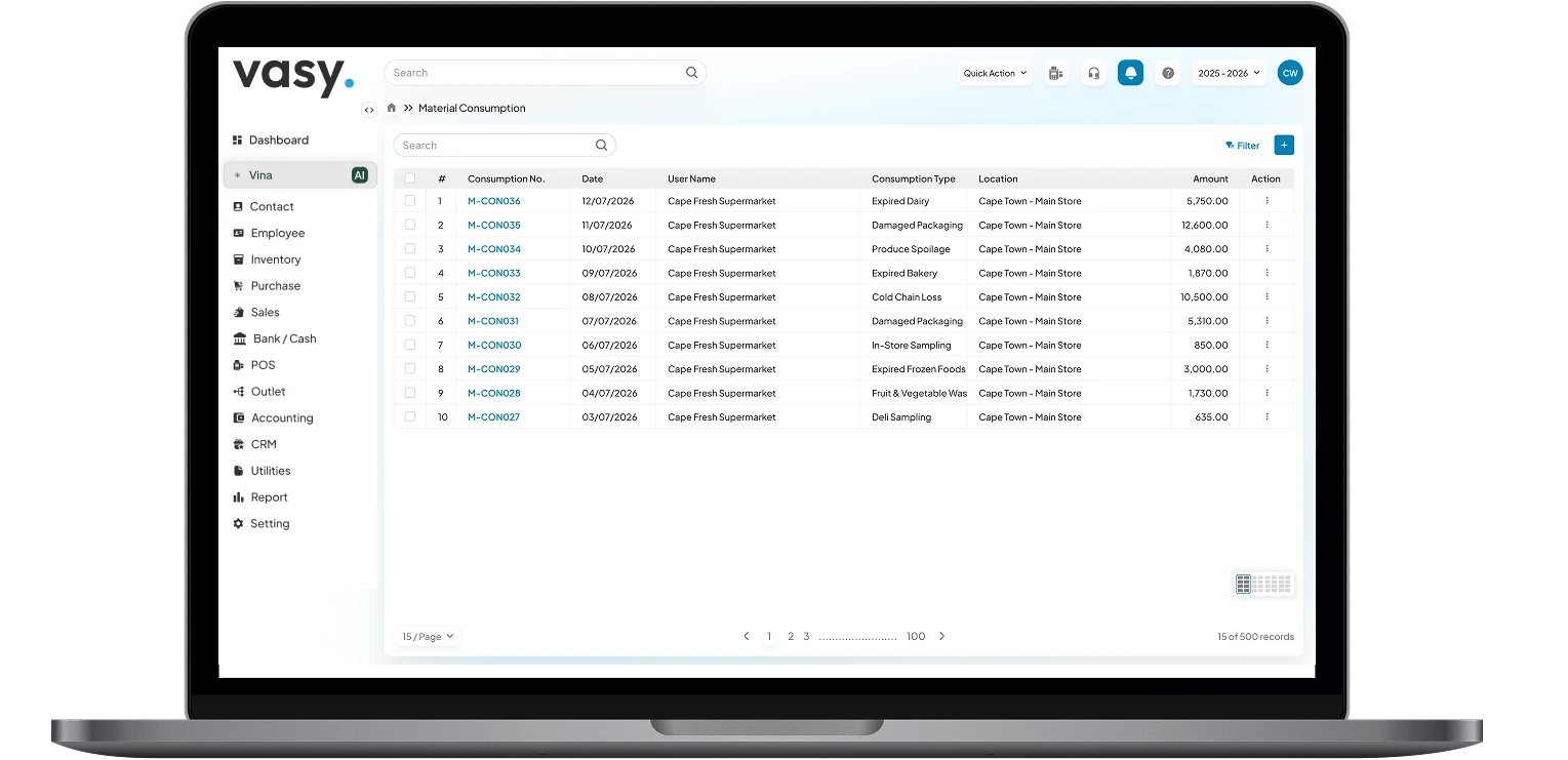 Material consumption being tracked in vasy software