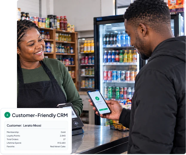 spaza owner maintaning loyalty points through the CRM
