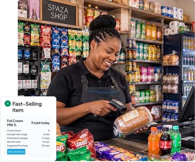 spaza owner controlling stockfast-selling items through vasy's pos